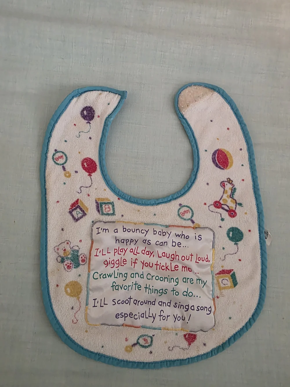 Vintage 1995 Baby Bib with Playful Nursery Print - White & Teal Trim